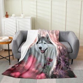 Cherry Dog Fleece Throw Blanket for Bed Sofa Couch,Kids Pet Dog Siberian Husky Floral Fleece Flannel Fuzzy Blanket All Season Bed Blanket,Pink Cherry Blossom Room Decor Plush Blanket Twin 60"x80"