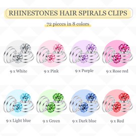 72 horquillas de pelo en espiral con diamantes de imitación de cristal, espiral, coloridas, brillantes, accesorios para el cabello para mujeres, bodas, damas de honor, fiestas de graduación