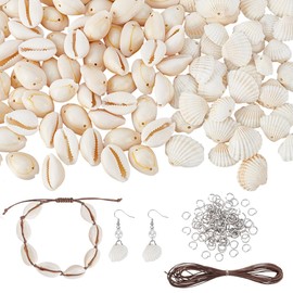 AHANDMAKER Natural Cowrie Beads Scallop Shell Beads with Hole, Including Cord & Jump Rings Summer Beach Seashell Jewelry Making Kit for DIY Wedding Decor, Crafts, Beach Party Supplies