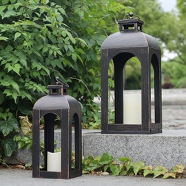 DECORKEY LED Lantern Decorative Outdoor&Indoor, Set of 2 (17’’&13’’) Black Metal Lanterns Decor, Vintage Hanging Candle Holder for Home Porch Wedding Halloween Christmas Decorations Battery Powered