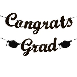 Pre-Strung Black and Gold Glitter Congrats Grad Banner Class of 2026 Graduation Decorations for College High School Favors Congrats Party Decorations NO DIY