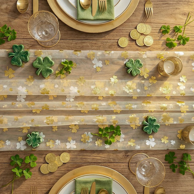 Beige Gauze Gold Shamrocks St.Patrick's Day Table Runner 120 Inch