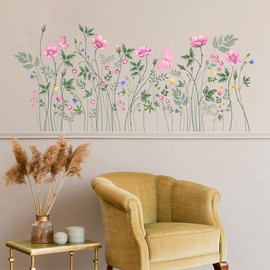 WOHAHA Pink Flowers Wall Stickers Green Leaves Wildflowers Blossom Wall Decals for Kitchen Plant Wall Decor Murals for Girls Bedroom Bathroom Living Room Peel and Stick Wall Art Decoration