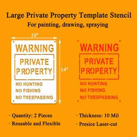 2PCS PRIVATE PROPERTY Sign Stencil Template - 14 x 10 Inch Large Reusable NO HUNTING NO FISHING NO TRESPASSING Stencil for Painting on Wooden Plaque, Wall, Fence - Heavy-Duty DIY Security & Warning Signage
