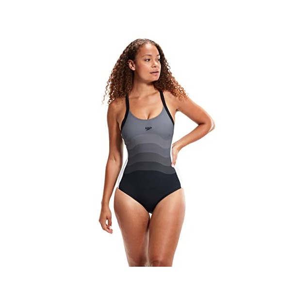 Speedo Women's Shaping Printed Entwine 1 Piece Swimsuit, Black/ White/ USA Charcoal, 38