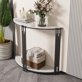 Wisfor Sintered Stone Console Table: Half Round White Entryway Table with Black Frame - Modern Narrow Sofa End Table - Semicircular Accent Table for Hallway, 39.4x11.8x30.7 inch