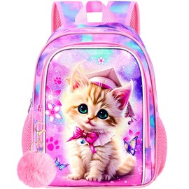 Cat Backpack for Toddler Girls - 13" Water Resistant Kindergarten Bookbag, Cute Preschool Bag for Little Kids