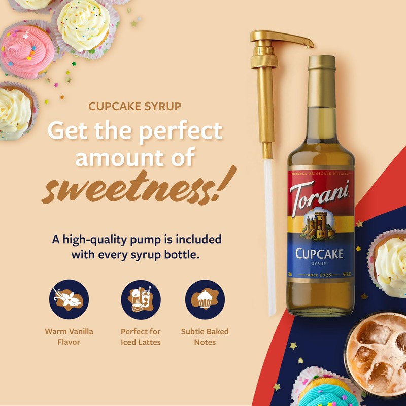 Torani Coffee Syrup, Cupcake Flavoring for Drinks, Glass Bottle with