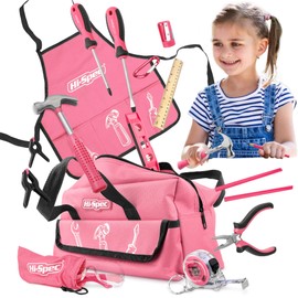 Hi-Spec 18pc Pink Kids Tool Kit Set & Child Size Tool Bag. Real Kit for DIY Building, Woodwork & Construction