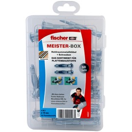 fischer Meister-Box Assortment Box with 50 Hollow Metal Dowels and Screws, Suitable for Panel Building Materials, Practical Set, Dowel Box for DIY Enthusiasts and Professionals