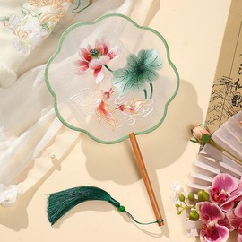Chinese Round Hand Fans with Tassel Hand Circular Fans Double-Sided Embroidery Hand Fans Translucent Silk Round Fans Ancient Court Round Hand Fans (Pattern-5-Green-Lotus-and-Goldfish)
