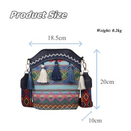 Yomotay Ethnic Bag Women's Vintage Colourful Handbag Boho Embroidery PU Canvas Bag Shoulder Bag with Tassels for Women Girls Gifts - Blue, blue