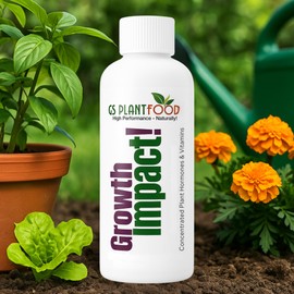 Growth Impact Super Concentrated Vitamin Solution - GS Plant Foods Plant Liquid All Purpose Plant Nutrition Vitamins and Hormones for All Types of Plants, Trees or Turf (8oz)