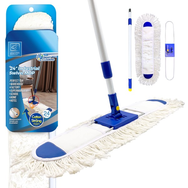 60cm Large Flat Mop Floor Duster, Industrial Mop Kit with Absorbent Cotton Floor Mop Pad and 77cm-133cm Telescopic Mop Handle, Swivel Head Dust Mop Floor Sweeper for Warehouse, Hotel and Home Cleaning