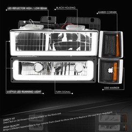 DNA MOTORING U Style LED DRL Headlight+Bumper Signal+Corner Lamps Set Compatible with 92-99 Chevy GMC C/K 1500 2500 Suburban Yukon,Black/Amber, HL-LB3-8P-C10-3G-BK-AM