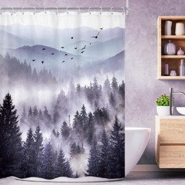 Riyidecor Purple Shower Curtain 48Wx72H Inch,Stall Narrow Rv Small Nature Mountain Woods,Rustic Landscape Scenery Pine Tree Natural Woodland Bathroom Decor Fabric Polyester Waterproof 12 Pack Hooks