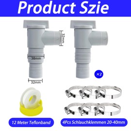 XSYKJGS Shut-off Valve for Pools with 32 mm Hose Connection, Pool Stopcock 32 mm to 38 mm, Pool Hose Adapter with 6 Hose Clamps for Above Ground Pool and Pool Pump Maintenance, Pack of 2