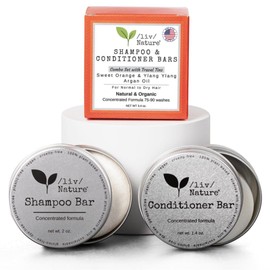 /liv/ Nature Shampoo Bar and Conditioner Set with Travel Case | Volume and Moisture for Dry Hair | Orange, Ylang Ylang, Argan Oil | Made in USA | 2-pk