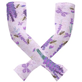 FISHEAL Sun Protection Gardening Sleeves for Women - UV UPF 50+ Lavender Bees Cooling Outdoors Arm Sleeves with Thumbholes