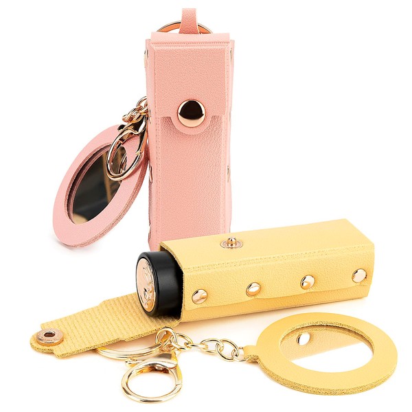 Adorila 2 Pack Lipstick Organizer Keychain, Leather Lipstick Case with Mirror for Women, Portable Lip Gloss Bag Lip Balm Holder for Travel (Pink & Yellow)