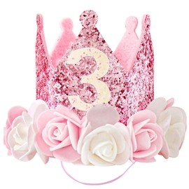 SHANFAA Baby Girls 3rd Birthday Hat Princess Girls 3 Years Birthday Crown,Adjustable 3rd Birthday Hat Third Birthday Party Hats for Baby Girls 3rd Pink Birthday Party Decorations