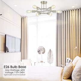 BONLICHT Sputnik Chandelier Brushed Nickel Modern Starburst Chandelier 6 Lights Semi Flush Mount Ceiling Light Industrial Vintage Dining Room Light Fixture UL Listed