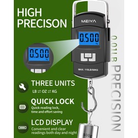 MEIYA Fish Scale 110lb Portable Luggage Scale Travel Digital Hanging Scale with Hook, Fishing Gifts for Men, Weighing Tool for Suitcases & Fish, Includes 2 AAA Batteries, Backlit LCD Display (Black)