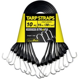 15'' Rubber Bungee Cords Heavy Duty Outdoor with 27" Max Stretch & Over 176 lbs Load, 100% EPDM Black Bungee Straps with Crimped S Hooks for Cargo, Tarps, Truck, Motorcycle, Weatherproof (10 Pack)