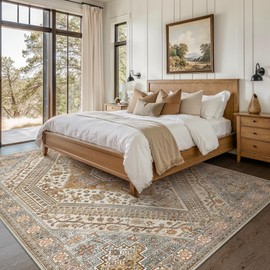 Bavni Rugs for Living Room, Vintage Stain Resistant Washable Rug, Lightweight 6x9 Area Rugs Non Slip, Soft Pet Friendly Rugs for Bedroom, Playroom, Dining Room, Tan/Grey