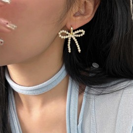 Allereya Boho Perlenbogen Ohrringe Perlenbogen Ohrringe Goldbogen Huggie Hoop Ohrringe Perlenband Ohrringe Perlenbogenknoten Ohrringe Schmuck Für Frauen