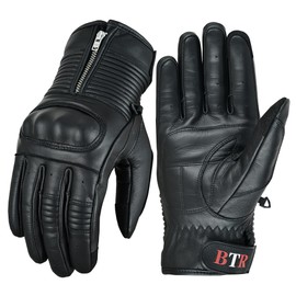 BTR BORN TO RACE Men's Motorcycle Premium Cowhide Drum Dry Aniline Leather Touch Screen Full Finger Protective Knuckle Motorbike Zipper Gloves (Black, 2XL)