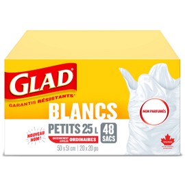 Glad White Garbage Bags - Small 25 Litres - Unscented, 48 Trash Bags, Made in Canada of Global Components