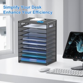 OUTWOLF 10 Tier Paper Organizer - Letter Tray Mesh Desk File Organizer with Handles for Office School Desktop