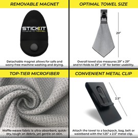 STICKIT - Toalla deportiva magnética gris, toalla de microfibra de nivel superior con bolsillos profundos para gofres, potente imán para un agarre fuerte, toalla súper absorbente y de secado rápido