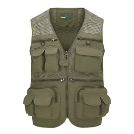 Ziker Men's Mesh Breathable Openwork Camouflage Journalist Photographer Fishing Vest Waistcoat Jacket Coat (US, Alpha, Large, Regular, Regular, Light Khaki)