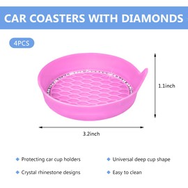 4 PCS Bling Car Cup Coaster, Crystal Rhinestone Cup Holder Insert for Car Interior Decoration, Non Slip Shockproof Silicon Sparkly Drink Met Universal for Most Vehicles (Pink)