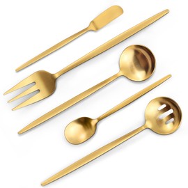 VANVRO Matte Gold Serving Silverware Set, 5-Piece Round Shared Utensils Set of Stainless Steel, Hostess Flatware Serving Set, Satin Finish, Dishwasher Safe
