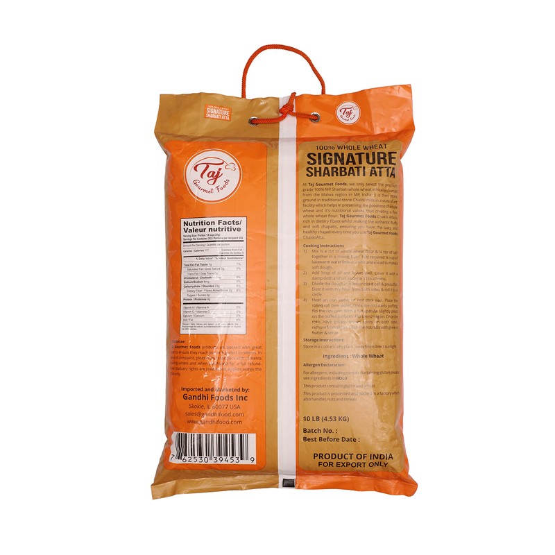 TAJ Signature Sharbati Atta, 10lbs, (Chakki Atta - Stone Ground)
