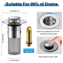 Pop Up Bathroom Sink Drain Strainer Hair Catcher, Drain Strainer for US Universal Bathroom Kitchen Basin Sink Stopper Replacement, with Brass Pop Out Core (2PCS)