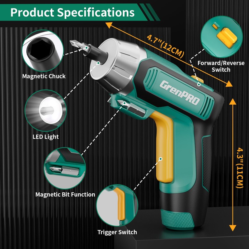 GRENPRO 4V Electric Screwdriver Rechargeable, Cordless Screwdriver 9pcs Bit with