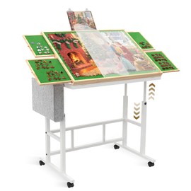 Jigsaw Puzzle Table 1500 Pieces with Legs & Storage Pocket, Height Adjustment & Tilting Puzzle Table for Adults with Drawers, Jigsaw Puzzle Board with Cover and Wheels for All Ages(Green Color)