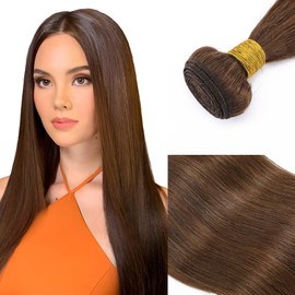Elailite Real Hair Weft Extensions, Human Hair Bundles Extensions, Real Hair Brown Hair Extensions, Brazilian Hair Wefts, Real Hair for Sewing, Straight, (60 cm, 100 g) #4 Medium Brown