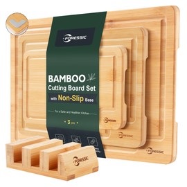 Bamboo Cutting Board, Durable Wood Cutting Boards for Kitchen Set 3 Packs with Non Slip Feet Holder and Over Sink Solid Thick Reversible Large Big Small Vegetables Fruits Kitchen Gifts (Natural)