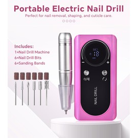 Rolabling Manicure Electric Nail File Kit 45000 RPM Professional Nail Drill with 6 Drill Bits 6 Sanding Bands Cordless Lightweight Salon-Grade Manicure Pedicure Machine (White)