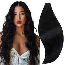 RUNATURE Black Tape in Hair Extensions Human Hair Jet Black Tape Hair Extensions Real Human Hair Black Tape in Extensions Long Straight 28 Inch 50 Gram