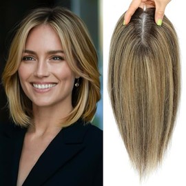 Postizos de cabello 100% humano para mujer, 30 cm, castaño medio, rubio con raíces castaño oscuro, densidad del 120% para cabello fino 4T427