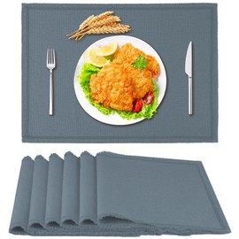 Rinpon Boho Tassel Cloth Placemats Set of 6, Linen Type Fabric, Machine Washable, Heat Resistant, Wrinkle Free Polyester, Light Gray