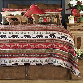 BLACK FOREST DECOR - Queen Quilt Bed Set - Bear & Moose Cabin - Three Bed Set - Quilt, Two Pillow Shams