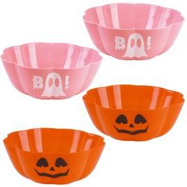 4 Pcs Large halloween candy bowl Trick or Treat Candy Bowl 11.6x4.3 Inch Reusable Plastic Pumpkin Bowl for Halloween Party Decor Supplies (Orange Pink)