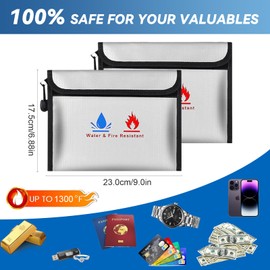 ZQZXD Fireproof Document Bag, 9 x 7 Inches Fireproof Wallet, Small Fireproof Money Bag, Fireproof Envelope with Zipper, Waterproof Safe Bag Set for Valuables, Jewelry, Cash, Passport, Invoice（2 Pack ）